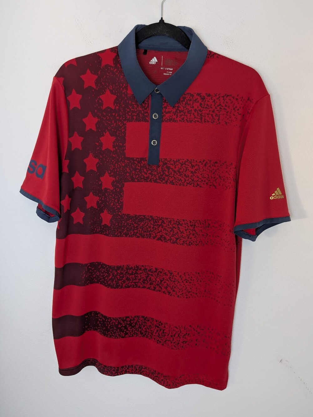 Adidas USA Golf Polo Shirt Mens Medium Red American Flag All Over Print AOP